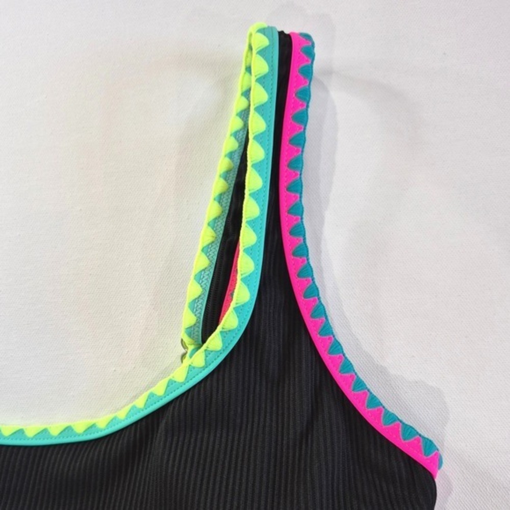 Popvil Womens One Piece Swimsuit Black Ribbed Neon Ric Rac Trim Size Large - Picture 5 of 7